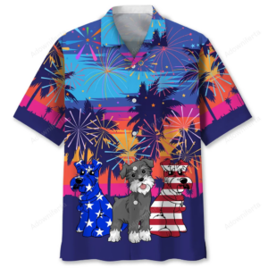 Front view of the schnauzer firework shirt featuring vibrant fireworks and palm trees on a blue background.