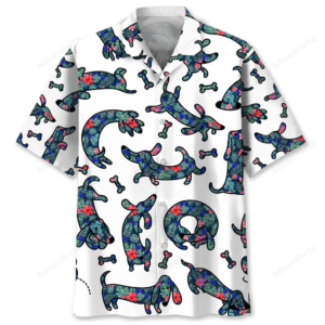 Front view of a colorful dachshund Hawaiian shirt featuring tropical patterns and playful designs on a white background.