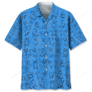 Front view of the chihuahua blue tropical shirt featuring playful dog illustrations against a vibrant blue background.