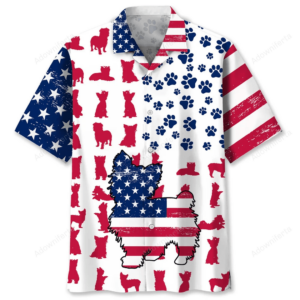 Front view of a patriotic dog shirt featuring a Yorkie in the USA flag, perfect for festive occasions.
