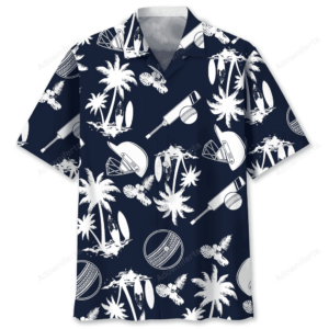 Front view of the cricket Hawaiian shirt in black and white, featuring palm trees and cricket gear designs.