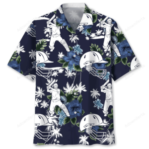 Front view of the cricket Hawaiian shirt in blue, featuring cricket players and floral designs.