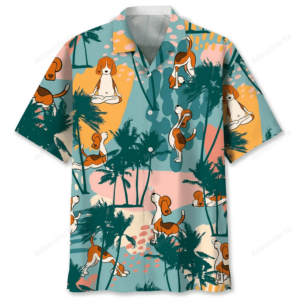Colorful beagle Hawaiian shirt featuring palm trees, viewed from the front, perfect for beach outings.