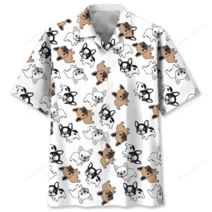 Front view of a white French bulldog shirt featuring playful cartoon dogs in various colors.