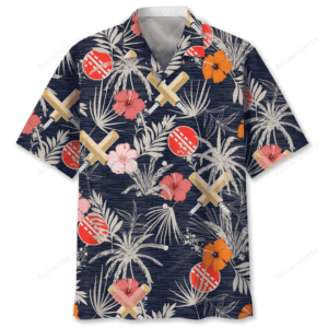 Front view of a navy cricket shirt featuring tropical flowers and cricket bats in vibrant colors.