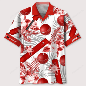 Front view of a cricket Hawaiian shirt in red, featuring floral and cricket ball designs.