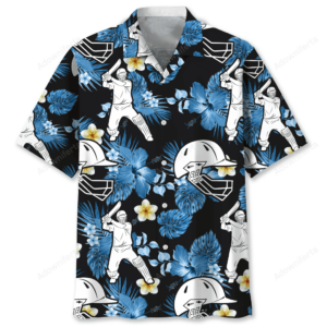 Front view of the cricket nature shirt featuring vibrant blue flowers and cricket motifs on a black background.