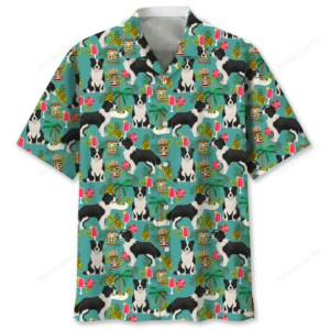Front view of a colorful border collie Hawaiian shirt featuring playful designs of dogs and tropical elements.