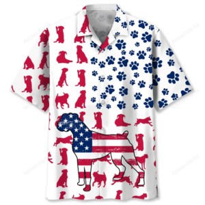 Front view of the Boxer USA Hawaiian shirt featuring red and blue dog silhouettes and paw prints.