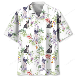 Front view of the Boston Tropical Hawaiian shirt featuring a vibrant floral design with Boston Terriers.