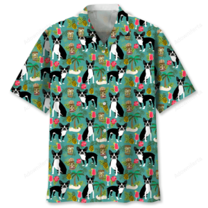 Front view of a Boston terrier Hawaiian shirt with vibrant colors and playful designs featuring palm trees and tiki motifs.