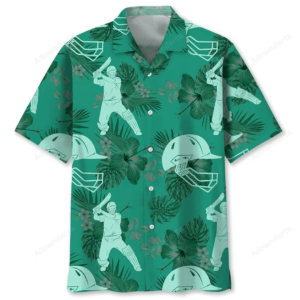 Front view of the cricket shirt in Kelly Green with cricket motifs and tropical leaves.