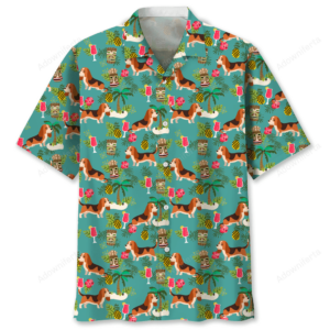 Front view of a vibrant basset hound Hawaiian shirt featuring playful dogs and tropical designs.