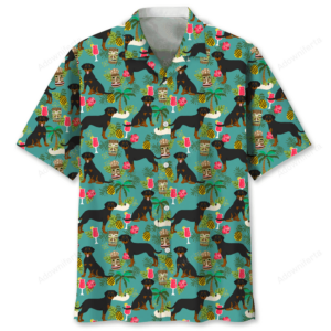 Front view of a vibrant Rottweiler Hawaiian shirt featuring colorful tropical designs and playful dog motifs.