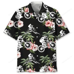 Front view of a black mountain bike shirt featuring vibrant white bike graphics and tropical flowers.