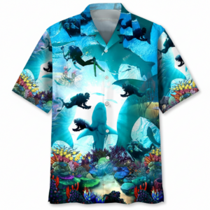 Front view of a vibrant scuba diving shirt featuring colorful sharks and coral designs.