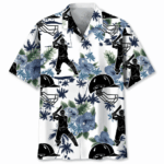 Front view of a cricket Hawaiian shirt in white, featuring black cricket players and tropical flowers.