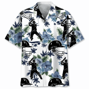 Front view of a cricket Hawaiian shirt in white, featuring black cricket players and tropical flowers.