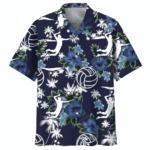 Front view of a blue volleyball Hawaiian shirt with floral patterns and volleyball graphics.
