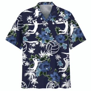 Front view of a blue volleyball Hawaiian shirt with floral patterns and volleyball graphics.