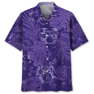 Front view of the drum purple tropical shirt featuring vibrant drum and floral patterns.