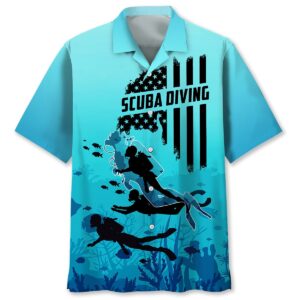 Front view of a vibrant blue scuba diving shirt featuring bold graphics and underwater silhouettes.