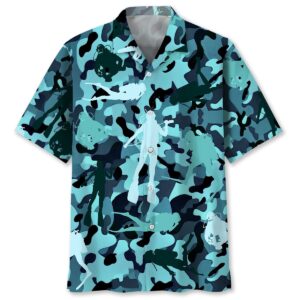 Front view of the scuba diving camo shirt showcasing a vibrant blue and black camouflage pattern.
