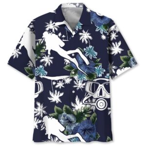 Front view of a vibrant blue scuba diving shirt with tropical designs and silhouettes of divers.