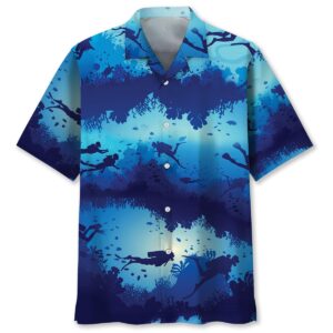 Front view of a vibrant blue scuba diving shirt featuring underwater silhouettes and coral designs.