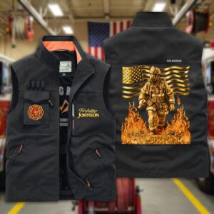 Front view of the firefighter multi-pocket vest in black, featuring bold fire department logo and personalized name.