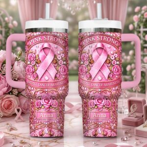 Front view of a pink breast cancer awareness tumbler featuring floral designs and a personalized name.