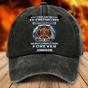 Custom firefighter hat in distressed black with bold front print showcasing firefighter pride.
