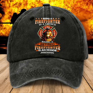Front view of a custom firefighter cap in distressed black, showcasing vibrant printed design and bold text.