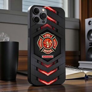 Personalized firefighter phone case in sleek black with red accents, showcasing the fire emblem from a front angle.
