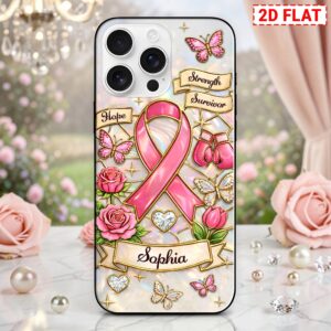 Full back view of a personalized pink ribbon survivor case. Iridescent white cover with pink roses, butterflies, and name.