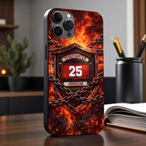 Close-up view of firefighter phone case featuring vibrant flames and custom name, perfect for proud firefighters.