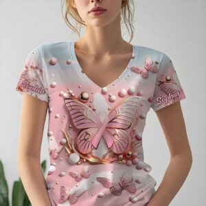 Personalized breast cancer awareness shirt in pink with butterfly design, front view on model.