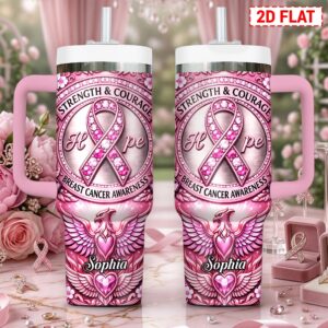 Front view of a pink strength and courage tumbler with a faux rhinestone breast cancer ribbon, Hope text, and custom name.