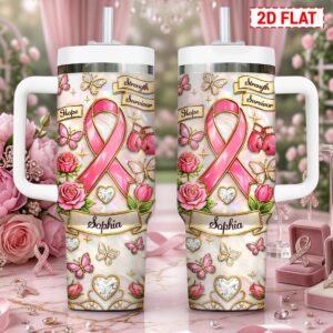 Personalized breast cancer awareness tumbler in pastel colors with pink ribbons and floral designs, front view.