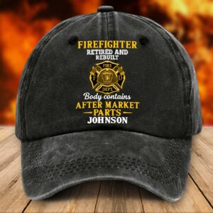 Front view of a personalized firefighter cap in distressed black, featuring bold yellow text and emblem.