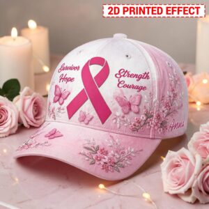 Front view of a pink faux embroidery survivor cap with a printed 3D pink ribbon, butterflies, and inspiring text.