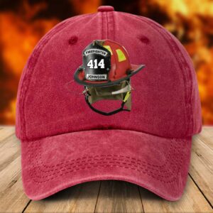 Front view of the custom firefighter cap in red, featuring a printed firefighter helmet design.