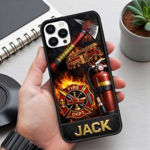 Close-up view of the firefighter phone case featuring vibrant red and black design with personalized name 'JACK'.