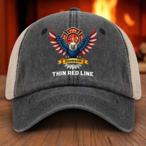 Personalized retired firefighter denim hat with mesh, featuring custom firefighter hat design, front view.