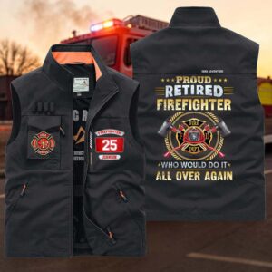 Front view of the personalized firefighter multi-pocket vest in black, showcasing detailed patches and vibrant orange lining.