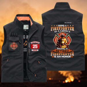 Front view of the firefighter multi-pocket vest, featuring black fabric and vibrant orange accents.