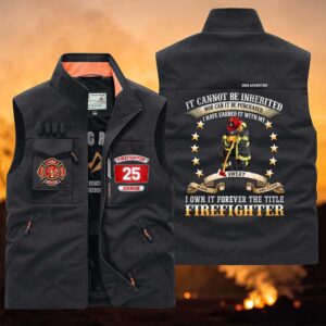 Front view of the firefighter multi-pocket vest in black, showcasing the vibrant patches and zipper details.