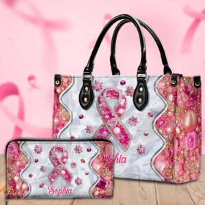 Front view of personalized pink ribbon handbag set with jeweled breast cancer awareness design, pearls, and custom name.