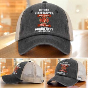 Personalized retired firefighter hat in gray with embroidered design, front view showcasing bold text.
