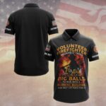 Front view of the big balls volunteer firefighter polo in black, featuring bold graphics and vibrant colors.